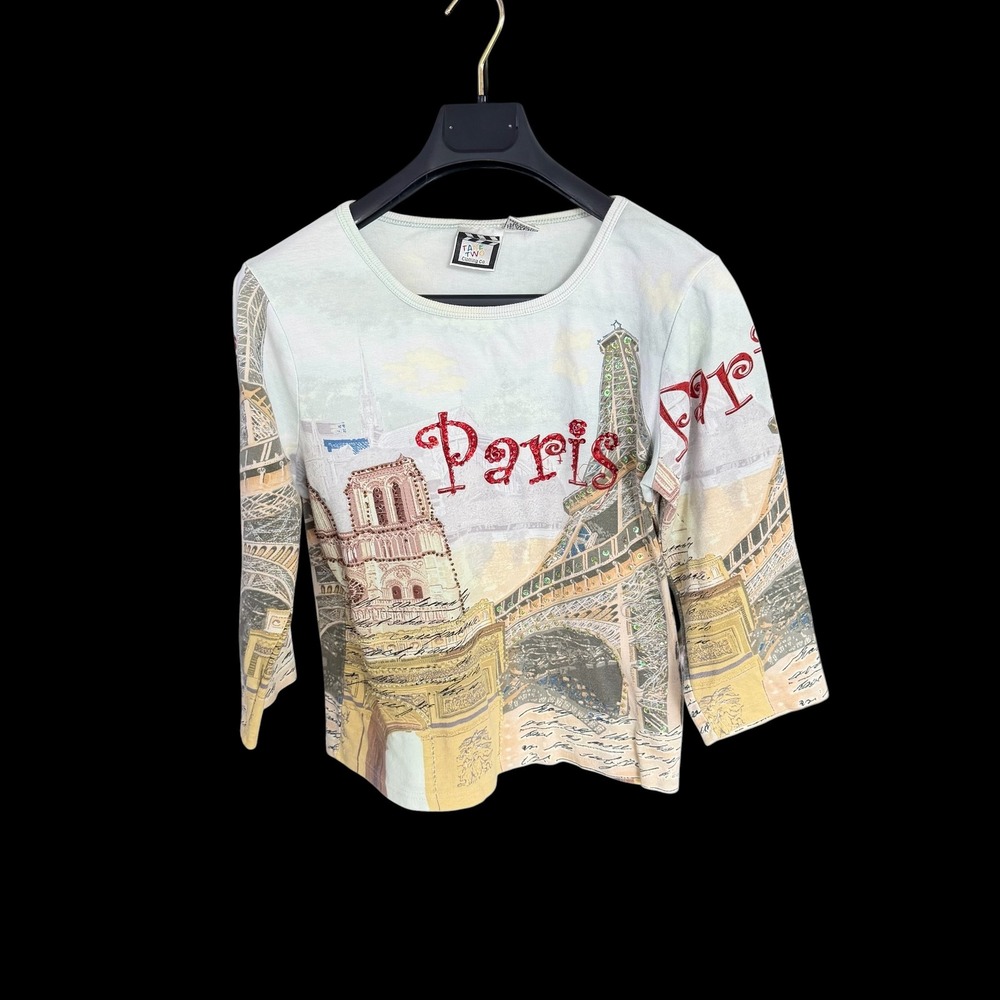 Take Two Clothing Co Paris Top Sequin Eiffel Tower 3/4 Sleeve Cotton L